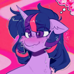 Size: 2048x2048 | Tagged: safe, artist:yumkandie, imported from derpibooru, twilight sparkle, pony, unicorn, blushing, chest fluff, chromatic aberration, eyebrows, eyebrows visible through hair, female, frazzled hair, heart, heart eyes, lesbian, scrunchy face, solo, sweat, thought bubble, unicorn twilight, wingding eyes