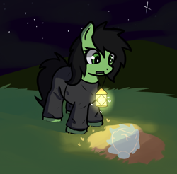 Size: 706x695 | Tagged: safe, artist:neuro, imported from derpibooru, oc, oc only, oc:filly anon, earth pony, ghost, ghost pony, pony, undead, eyes closed, female, filly, foal, lantern, looking down, mare, mouth hold, night, smiling