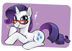 Size: 836x600 | Tagged: safe, artist:nonameorous, imported from derpibooru, rarity, pony, unicorn, glasses, glasses rarity, looking away, purple background, raised hoof, simple background, sitting, solo, sparkles, stars