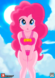 Size: 1414x2000 | Tagged: safe, artist:minusclass, imported from derpibooru, pinkie pie, human, equestria girls, belly button, bikini, bikini bottom, bikini top, breasts, cleavage, clothes, cloud, concerned, female, legs, looking at you, midriff, outdoors, patreon, patreon logo, sky, solo, solo female, swimsuit