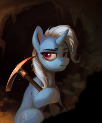 Size: 2526x3043 | Tagged: safe, artist:jewellier, imported from derpibooru, trixie, pony, unicorn, female, mare, mine, pickaxe, rock farm, sitting, trixie is not amused, unamused