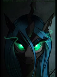 Size: 1440x1941 | Tagged: safe, artist:opalacorn, imported from twibooru, queen chrysalis, changeling, changeling queen, bedroom eyes, bust, female, frown, glowing eyes, image, inktober, inktober 2020, looking at you, needs more jpeg, portrait, signature, smiling, solo