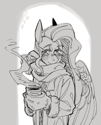 Size: 1930x2377 | Tagged: safe, artist:yuyusunshine, imported from derpibooru, fluttershy, anthro, clothes, coffee, monochrome, scarf, solo