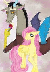 Size: 1423x2048 | Tagged: safe, artist:kordian, imported from derpibooru, discord, fluttershy, discoshy, female, flower, male, rose, shipping, straight, traditional art