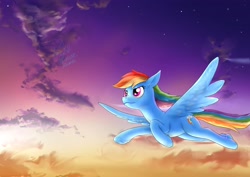 Size: 4093x2894 | Tagged: safe, artist:eltanin14d, imported from derpibooru, rainbow dash, pegasus, pony, cloud, female, flying, high res, mare, sky, solo, spread wings, stars, wings