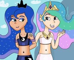 Size: 913x740 | Tagged: safe, artist:ocean lover, imported from derpibooru, princess celestia, princess luna, human, arm behind back, bare midriff, bare shoulders, beautiful, belly, belly button, blue eyeshadow, blue lipstick, clothes, cloud, crown, curvy, diamond, ethereal hair, eyelashes, eyeshadow, female, hand on shoulder, hourglass figure, human coloration, humanized, jewelry, light skin, lips, lipstick, looking at each other, looking at someone, makeup, midriff, moderate dark skin, mountain, mountain range, ms paint, multicolored hair, outdoors, peytral, pink eyes, regalia, royal sisters, sibling bonding, sibling love, siblings, sisters, sky, smiling, smiling at each other, species swap, starry hair, teal eyes, water, waterfall, wavy hair