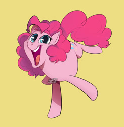 Size: 1796x1831 | Tagged: safe, artist:mrkiteart, imported from derpibooru, pinkie pie, earth pony, pony, cute, diapinkes, eyebrows, happy, open mouth, open smile, ponk, raised eyebrow, raised eyebrows, simple background, smiling, solo, standing, standing on one leg, watermark, yellow background