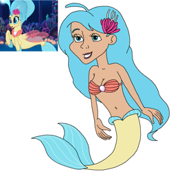 Size: 963x965 | Tagged: safe, artist:ocean lover, imported from derpibooru, princess skystar, human, mermaid, seapony (g4), my little pony: the movie, beautiful, belly button, blue eyes, blue hair, bra, breasts, cheerful, cleavage, clothes, curvy, cute, fins, fish tail, flower, flower in hair, freckles, hourglass figure, human coloration, humanized, jewelry, lidded eyes, lips, long hair, looking at someone, mermaid princess, mermaid tail, mermaidized, midriff, ms paint, pearl, reference, reference sheet, seaquestria, seashell, seashell bra, simple background, skyabetes, smiling, species swap, tail, underwear, white background