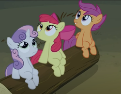 Size: 739x573 | Tagged: safe, imported from derpibooru, screencap, apple bloom, scootaloo, sweetie belle, pony, sleepless in ponyville, belly, cropped, cutie mark crusaders, log, sitting, trio