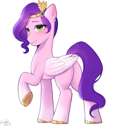 Size: 1900x2048 | Tagged: safe, artist:xiaowu07, imported from derpibooru, pipp petals, pegasus, pony, butt, female, g5, jewelry, looking at you, mare, pipp butt, signature, simple background, smiling, solo, white background