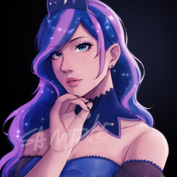 Size: 2048x2048 | Tagged: safe, artist:xiaowu07, imported from derpibooru, princess luna, human, commission, dark background, female, human coloration, humanized, looking at you, solo