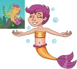 Size: 993x885 | Tagged: safe, artist:ocean lover, imported from derpibooru, scootaloo, human, mermaid, seapony (g4), season 8, surf and/or turf, spoiler:s08, arms in the air, bandeau, bare midriff, bare shoulders, belly, belly button, boulder, bubble, child, clothes, cute, cutealoo, excited, excitement, eyes closed, fins, fish tail, happy, human coloration, humanized, kelp, leaves, mermaid lovers, mermaid tail, mermaidized, midriff, moderate dark skin, ms paint, ocean, purple hair, reference, reference sheet, rock, seaponified, seapony scootaloo, seaweed, short hair, simple background, sleeveless, smiling, species swap, tail, tomboy, underwater, water, white background