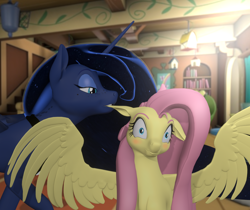 Size: 2042x1712 | Tagged: safe, artist:fynamic, imported from derpibooru, fluttershy, princess luna, alicorn, pegasus, pony, 3d, biting, blushing, duo, duo female, ear bite, female, floppy ears, fluttershy's cottage, lesbian, lunashy, mare, shipping, spread wings, wingboner, wings