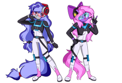 Size: 6171x4200 | Tagged: safe, artist:kittyrosie, imported from derpibooru, oc, oc only, oc:cinnabyte, oc:lillybit, anthro, pony, clothes, commission, cosplay, costume, duo, overwatch, simple background, tongue out, transparent background