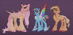 Size: 979x466 | Tagged: safe, artist:godisgayfightme, imported from twibooru, applejack, fluttershy, rainbow dash, bat pony, earth pony, pegasus, pony, alternate cutie mark, alternate design, bat ponified, bat wings, chest fluff, cloud coat pattern, coat markings, colored hooves, colored wings, curly hair, ear piercing, fangs, feathered fetlocks, female, gradient mane, height difference, image, mare, multicolored wings, needs more jpeg, piercing, purple background, race swap, rainbow wings, redesign, short hair, simple background, smiling, sparkly mane, trio, trio female, twitterina design, unshorn fetlocks, wings