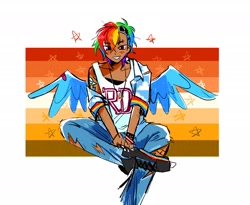 Size: 2048x1676 | Tagged: safe, artist:bardsadventure, imported from derpibooru, rainbow dash, human, human coloration, humanized, pride flag, simple background