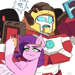 Size: 512x512 | Tagged: source needed, safe, imported from derpibooru, pipp petals, pegasus, robot, cellphone, clash of hasbro's titans, cybertronian, g5, hot shot, internet, phone, photo, that pony sure does love phones, transformers, transformers rescue bots academy, wi-fi