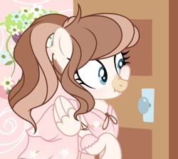 Size: 1212x1080 | Tagged: safe, artist:cstrawberrymilk, imported from derpibooru, oc, oc only, oc:strawberry milk, pegasus, pony, clothes, door, dress, female, flower, leaning, nose wrinkle, ponytail, scrunchy face, solo