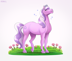 Size: 2077x1774 | Tagged: safe, artist:jenery, imported from derpibooru, diamond tiara, earth pony, pony, female, flower, g4, grass, hoers, looking at you, mare, older, older diamond tiara, rose, signature, simple background, solo, white background