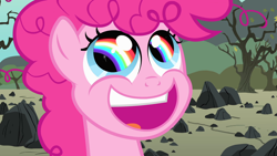 Size: 1920x1080 | Tagged: safe, imported from derpibooru, screencap, pinkie pie, earth pony, pony, season 1, the cutie mark chronicles, cute, diapinkes, faic, female, filly, filly pinkie pie, foal, messy mane, open mouth, open smile, pinkie pie is best facemaker, rainbow, rock farm, smiling, solo, wingding eyes, younger