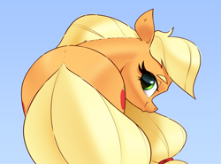 Size: 3330x2470 | Tagged: safe, artist:aquaticvibes, imported from derpibooru, applejack, earth pony, pony, applebutt, blue background, butt, hatless, looking at you, looking back, looking back at you, missing accessory, simple background, solo