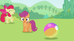 Size: 1920x1080 | Tagged: safe, imported from derpibooru, apple bloom, scootaloo, sweetie belle, earth pony, pegasus, pony, lesson zero, season 2, apple bloom's bow, ball, bow, cute, cutealoo, cutie mark crusaders, derp, duo, female, filly, foal, grass, grass field, hair bow, looking at you, park, tongue out, tree