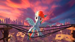 Size: 3840x2160 | Tagged: safe, artist:featray, imported from derpibooru, rainbow dash, pegasus, pony, 3d, blender, colored hooves, female, house, looking at you, mare, ponyville, power line, sky, solo, spread wings, sunset, tree, unshorn fetlocks, wings