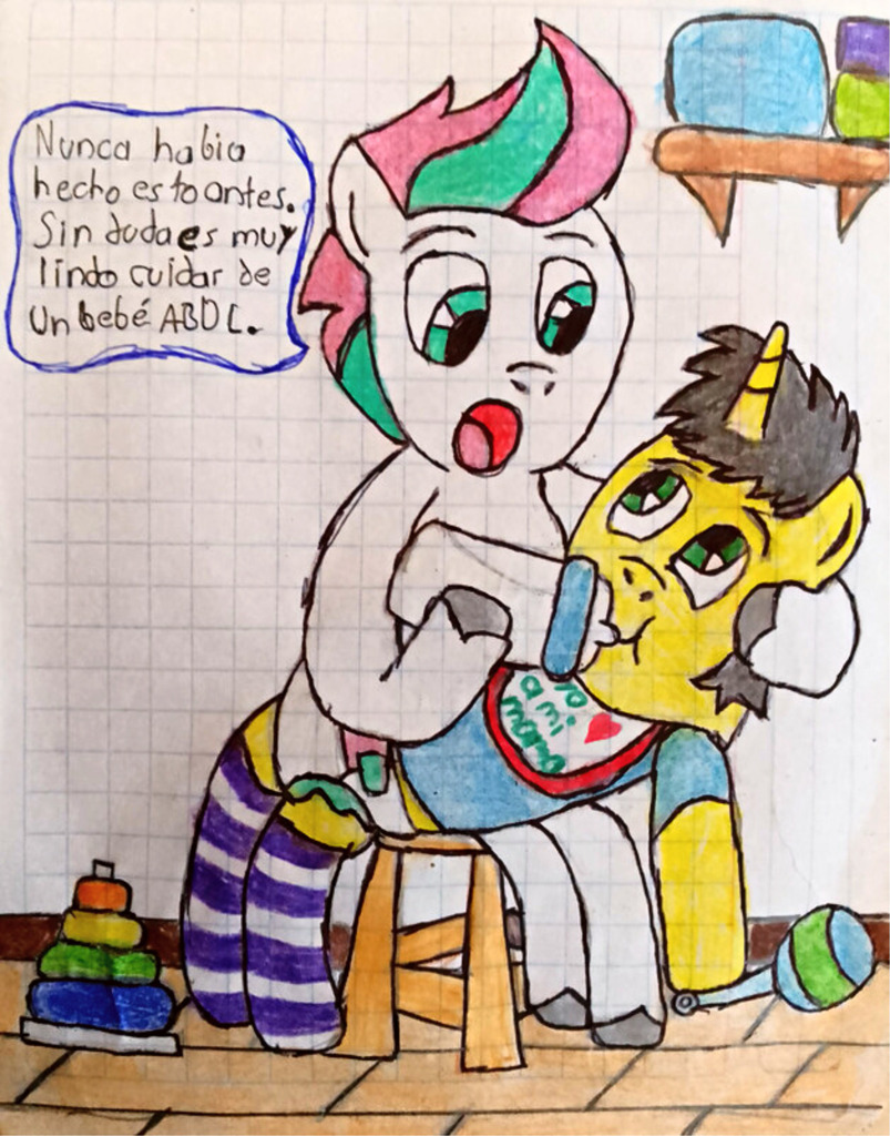 6769900 - safe, artist:bitter sweetness, imported from derpibooru, zipp  storm, oc, oc only, oc:bitter sweetness, pegasus, pony, unicorn, adult  foal, baby bottle, bib, clothes, diaper, female, food, g5, graph paper,  green eyes,