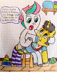 Size: 3051x3889 | Tagged: safe, artist:bitter sweetness, imported from derpibooru, zipp storm, oc, oc only, oc:bitter sweetness, pegasus, pony, unicorn, adult foal, baby bottle, bib, clothes, diaper, female, food, g5, graph paper, green eyes, hooves, horn, male, my little pony: a new generation, my little pony: tell your tale, non-baby in diaper, open mouth, rattle, sitting on lap, smiling, socks, spanish, striped socks, toy, traditional art, translated in the description, wooden floor