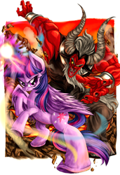 Size: 1918x2796 | Tagged: artist needed, source needed, safe, imported from derpibooru, lord tirek, twilight sparkle, alicorn, centaur, pony, taur, twilight's kingdom, female, lava, magic, male, twilight sparkle (alicorn)