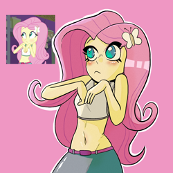 Size: 2048x2048 | Tagged: safe, artist:wasabirivers, imported from derpibooru, screencap, fluttershy, human, equestria girls, legend of everfree, :<, belly button, blushing, camp everfree outfits, female, high res, midriff, pink background, redraw, screencap reference, simple background, solo