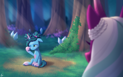 Size: 2000x1250 | Tagged: safe, artist:luminousdazzle, imported from derpibooru, opaline arcana, alicorn, unicorn, blurry background, bridlewood, crying, crystal, cute, female, filly, filly misty brightdawn, focused, forest, g5, gradient hooves, gradient horn, grass, hair tie, horn, mare, misty brightdawn, sad, sadorable, sitting, tree, younger
