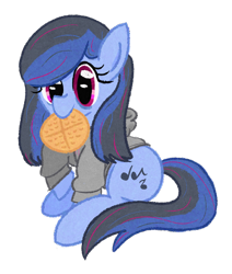 Size: 2224x2628 | Tagged: safe, artist:purppone, oc, oc:late nite jams, earth pony, pony, clothes, female, food, hoodie, mare, simple background, sitting, solo, transparent background, waffle
