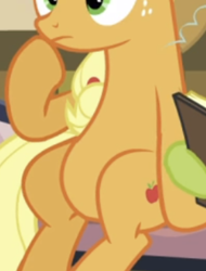 Size: 648x853 | Tagged: safe, imported from derpibooru, screencap, applejack, earth pony, pony, apple family reunion, belly, cropped, pictures of bellies, sitting, solo