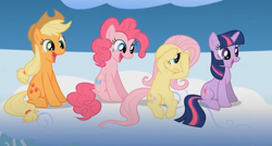 Size: 1187x637 | Tagged: safe, imported from derpibooru, screencap, applejack, fluttershy, pinkie pie, twilight sparkle, earth pony, pegasus, pony, unicorn, sonic rainboom (episode), cloud, cropped, group, sitting, smiling, unicorn twilight