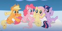 Size: 1163x584 | Tagged: safe, imported from derpibooru, screencap, applejack, fluttershy, pinkie pie, twilight sparkle, earth pony, pegasus, pony, unicorn, sonic rainboom (episode), cloud, cute, excited, open mouth, sitting, smiling, unicorn twilight