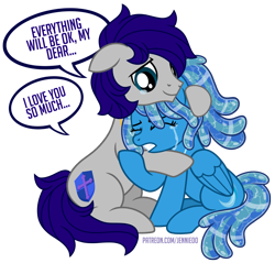 Size: 900x862 | Tagged: safe, alternate version, artist:jennieoo, imported from derpibooru, part of a set, oc, oc:maverick, oc:ocean soul, earth pony, pegasus, pony, comforting, crying, hug, sad, simple background, soulverick, tears of pain, teary eyes, transparent background, vector, water mane