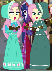 Size: 2394x3264 | Tagged: safe, artist:robukun, imported from derpibooru, big macintosh, flutterholly, fluttershy, merry, rarity, sci-twi, twilight sparkle, human, equestria girls, caroling, clothes, comparison, cropped, dress, long dress, long skirt, skirt, solo focus, victorian, victorian dress