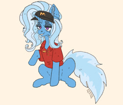 Size: 1932x1664 | Tagged: safe, artist:antonarcana, imported from derpibooru, trixie, pony, unicorn, clothes, female, hat, mare, mcdonald's, shirt, tired, unkempt mane