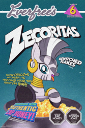 Size: 1280x1920 | Tagged: safe, artist:theratedrshimmer, imported from derpibooru, zecora, zebra, cereal, cereal box, cute, food, parody, solo, zecorable