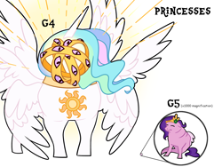 Size: 2000x1500 | Tagged: safe, artist:nancy-05, edit, imported from derpibooru, pipp petals, princess celestia, alicorn, pegasus, seraph, seraphicorn, angel, biblically accurate angels, doge, g4, g5, meme, multiple wings, pipp is short, pipp is smol, princess, simple background, swole doge vs cheems, white background