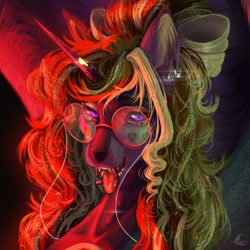 Size: 2667x2667 | Tagged: safe, artist:unten, imported from derpibooru, oc, alicorn, pony, wolf, bust, female, glasses, portrait, red, red light, solo, solo female, violet eyes