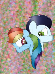 Size: 750x1000 | Tagged: safe, artist:sapphirearts0123, imported from derpibooru, rainbow dash, soarin', pegasus, pony, female, male, mare, shipping, smiling, soarindash, stallion, straight