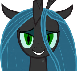 Size: 835x767 | Tagged: safe, imported from derpibooru, queen chrysalis, changeling, changeling queen, bust, female, grin, lidded eyes, simple background, slit pupils, smiling, solo, white background