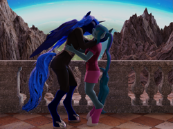 Size: 1473x1104 | Tagged: safe, artist:stellarator, imported from derpibooru, princess luna, sonata dusk, anthro, unguligrade anthro, comic:we will be adored, 3d, blender, blender cycles, comic, cycles render, female, jewelry, kissing, lesbian, regalia