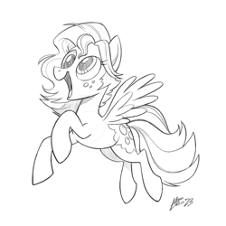 Size: 811x811 | Tagged: safe, artist:mellodillo, imported from derpibooru, oc, oc:winter bloom, pegasus, pony, commission, female, freckles, grayscale, mare, monochrome, not derpy, open mouth, open smile, simple background, smiling, solo, spread wings, white background, wings