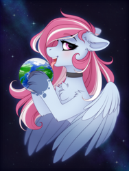 Size: 1800x2400 | Tagged: safe, artist:vird-gi, imported from derpibooru, oc, oc only, oc:evening skies, pegasus, pony, chest fluff, choker, female, giantess, goddess, licking, macro, mare, pegasus oc, planet, pony bigger than a planet, solo, space, tongue out, unshorn fetlocks, upper body, wings