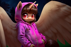 Size: 768x512 | Tagged: safe, imported from derpibooru, oc, oc:spring beauty, alicorn, anthro, ai content, alicorn oc, clothes, female, filly, foal, hoodie, horn, looking at you, solo, spread wings, wings