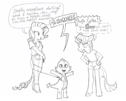 Size: 2326x1860 | Tagged: safe, artist:spectralunicorn, imported from derpibooru, rarity, spike, twilight sparkle, anthro, classical unicorn, dragon, unguligrade anthro, unicorn, clothes, cloven hooves, dialogue, female, grayscale, hand on hip, hashtag, horn, leash, leonine tail, male, monochrome, simple background, speech bubble, trio, unicorn twilight, unshorn fetlocks, vest, white background