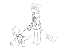 Size: 1924x1495 | Tagged: safe, artist:spectralunicorn, imported from derpibooru, spike, twilight sparkle, anthro, classical unicorn, dragon, unicorn, clothes, cloven hooves, duo, duo male and female, female, grayscale, harness, horn, leash, leonine tail, male, mare, monochrome, shorts, simple background, sketch, smiling, tack, unicorn twilight, unshorn fetlocks, white background